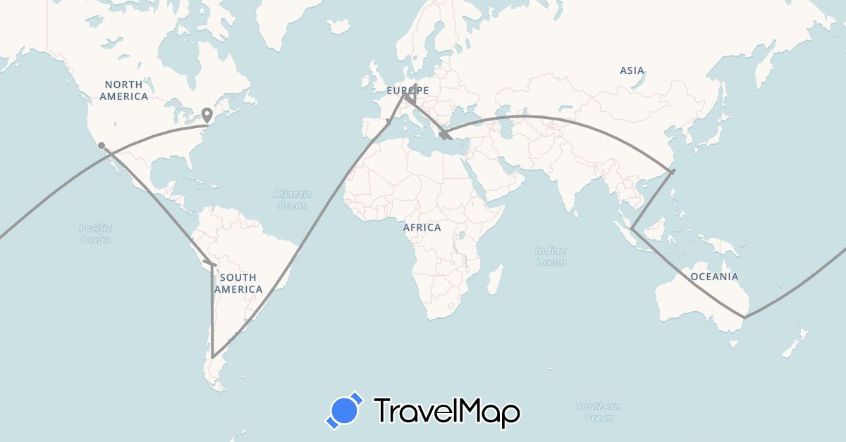 TravelMap itinerary: driving, plane in Andorra, Australia, Chile, Germany, Spain, Greece, Peru, Singapore, Taiwan, United States (Asia, Europe, North America, Oceania, South America)
